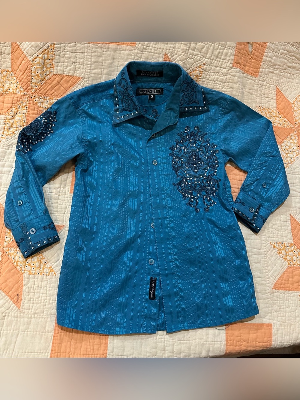 LAMASINI Embellished Teal Button-Up Shirt